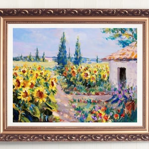 Landscape Oil Painting, Sunflowers, Printable Wall Art, Countryside Landscape wall decor, Instant Download Digital