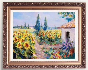 Landscape Oil Painting, Sunflowers, Printable Wall Art, Countryside Landscape wall decor, Instant Download Digital