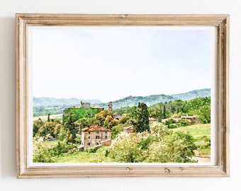 Impresión de acuarela del paisaje de la Toscana, verano de la Toscana, arte del campo, decoración de la pared de la Toscana, descarga instantánea