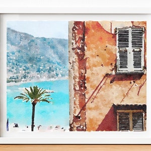 Impresión de acuarela de verano francesa, impresión de la riviera francesa, Costa Azul Costa Azul, Descarga digital 2x3, 5x7, 8x10 (16x20), 11x14, 18x24
