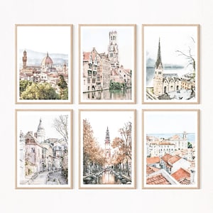 Set von 6 Europa Reise Aquarell Prints, Frankreich Italien Portugal, Belgien, Österreich, Niederlande, 13x18, 8x10