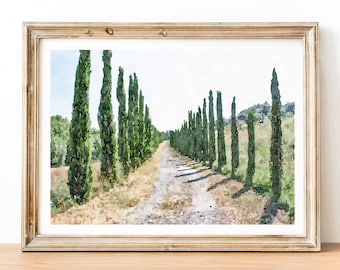 Tuscany Cypress Tree Watercolor Print, Italy Tuscany travel poster, Italy Neutral decor, Instant download 2x3, 5x7, 8x10, 11x14, 18x24