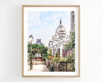 May include: A watercolour painting depicting a Parisian street scene. The artwork features a white building with a dome, a street lamp, and green trees. The sky is blue with white clouds.