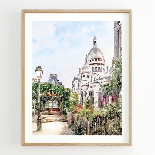 Montmartre Paris watercolor print, Sacre Coeur Paris print, Neutral French Decor, Printable Digital Download 5x7, 8x10, 11x14, 18x24