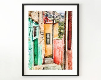 Mexico, Guanajuato, watercolor Print, Mexican Art, Colorful Wall Art, Digital Painting 5x7, 8x10, 11x14, 18x24
