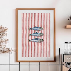 Striped Sardines Digital Art Print, Fish Art Poster, Kitchen Aesthetic Decor, Trendy Sardine Poster, Coastal Printable Art, Seafood Print