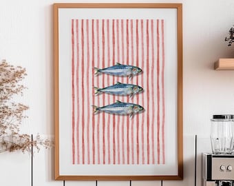 Striped Sardines Digital Art Print, Fish Art Poster, Kitchen Aesthetic Decor, Trendy Sardine Poster, Coastal Printable Art, Seafood Print