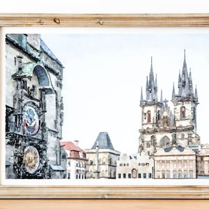 Stampa ad acquerello della piazza della città vecchia di Praga, paesaggio urbano di Praga, regalo Europa Travel, download digitale 2x3, 5x7, 11x14, 18x24
