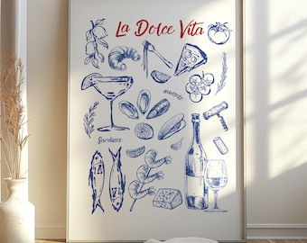 La Dolce Vita Kunstdruck, italienischer Druck, Barwagen-Wanddekor, trendige druckbare Wandkunst für die Küche, blaues italienisches Poster, Amalfi Sommer-Wandkunst