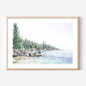 Lake Tahoe Watercolor Landscape, Sand Harbor Beach Decor, California National Park, Printable Wall Art 5x7, 8x10, 11x14, 16x20, 18x24