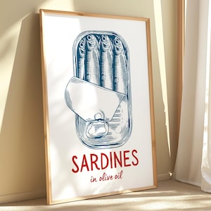 Sardines Digital Art Print, Kitchen Aesthetic Decor, Tinned Fish Print, Trendy Sardine Poster, Coastal Printable Art, Seafood Print