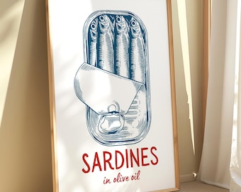 Impression d'art numérique sardines, décoration esthétique de cuisine, impression de conserves de poisson, affiche tendance de sardines, art côtier imprimable, impression de fruits de mer