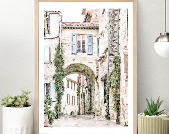 フランス　水彩画　ヴィンテージ 古き良きフランスの村エズ、水彩画、デジタル印刷可能、ニュートラルな