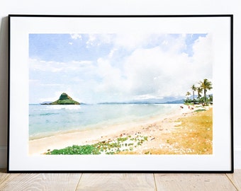 Hawaiian Beach Watercolor Print, Hawaii Island Coastal Landscape, Tropical Printable Wall Art, Digital Download 2x3, 5x7, 16x9, 18x24