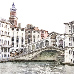 Puede incluir: Pintura a la acuarela del Puente de Rialto en Venecia, Italia. El puente es arqueado con m&uacute;ltiples vanos, que conecta edificios a ambos lados de un canal. Los edificios son blancos y beiges con tejados de tejas rojas. El agua es gris.