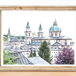 Salzburg Austria watercolor print, Salzburg cathedral, Austrian architecture, Digital Download 2x3, 5x7, 8x10, 11x14, 18x24