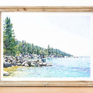 May include: Watercolor painting of a lake scene with a rocky shoreline and a line of trees in the background. The water is a light blue color and the sky is a light gray color.