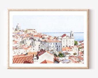 Lisbon Portugal watercolor print, Portugal travel poster, Coastal Wall Art Seaside painting, Digital download 2x3, 5x7, 8x10, 11x14, 18x24