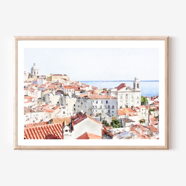 Impression aquarelle de Lisbonne Portugal, affiche de voyage Portugal, Coastal Wall Art Seaside painting, Téléchargement numérique 2x3, 5x7, 8x10, 11x14, 18x24