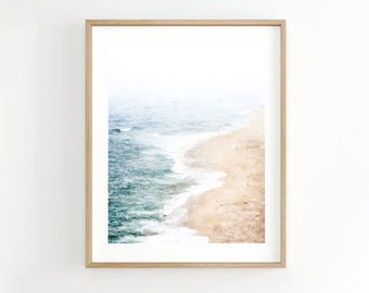 Watercolor Beach Print, Fog, Ocean, Neutral Landscape, Serene Ocean Digital Download 5x7, 8x10, 11x14, 16x20, 18x24