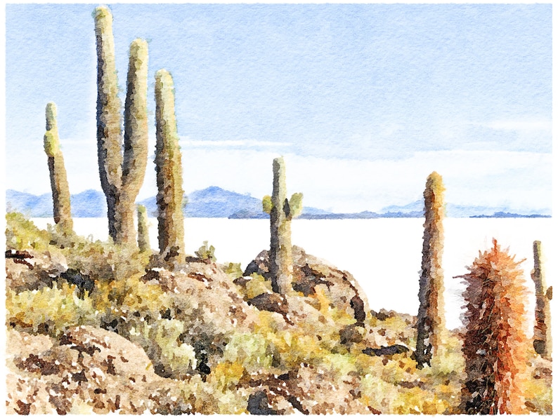 May include: A watercolor painting of a desert landscape with tall cacti growing on a rocky hillside. The cacti are green and brown, and the background is a hazy blue sky with a distant mountain range. The painting has a soft, dreamy feel.