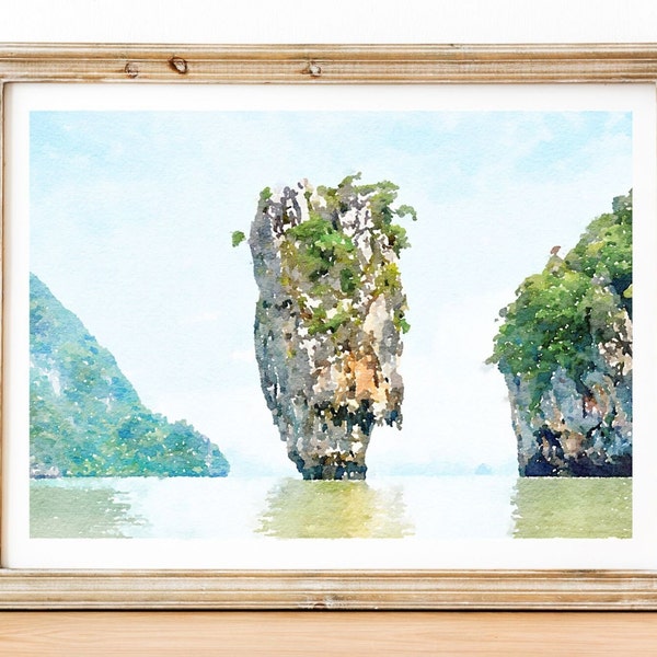 Phang Nga Bay Thailand watercolor print, James Bond Island travel poster, Phuket Wall Decor,  Digital download 2x3, 5x7, 8x10, 11x14, 18x24