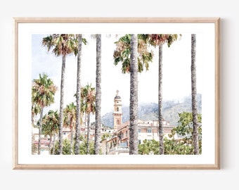 May include: Watercolor painting of a cityscape with a church steeple and palm trees in the foreground.