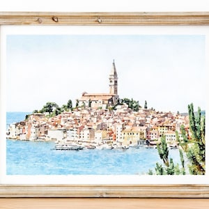 Croacia, Impresión de acuarela de Rovinj, Pueblo pesquero en el mar Adriático, Arquitectura del paisaje marino, Descarga digital 2x3, 5x7, 8x10, 11x14, 18x24