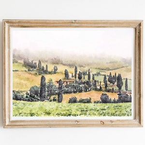 Tuscany landscape watercolor print, Tuscany fog, Countryside art, Tuscany travel poster, Instant download 2x3, 5x7, 8x10, 11x14, 18x24