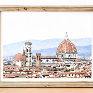 Puede incluir: Una pintura de acuarela del Duomo de Florencia, Italia. La pintura muestra la icónica cúpula y el campanario de la catedral, así como el paisaje urbano circundante.