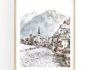 Impression aquarelle neutre Hallstatt Autriche, village peinture murale art montagne hiver impression, téléchargement numérique 5 x 7, 8 x 10, 11 x 14, 16 x 20, 18 x 24