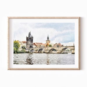 Prague, Charles bridge watercolor print, Medieval architecture, Czech painting, Digital Printable 2x3, 5x7, 8x10, 11x14, 16x9
