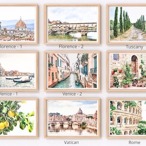 Italia Set di 9 stampa acquerello, Firenze, Venezia, Toscana, Roma, Vaticano, rapporto 7x5, arte della parete Italia, poster Italia, download istantaneo 7x5