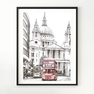 ロンドンの水彩画アートプリント、ロンドンの壁アート、ロンドンの赤いバス、プリント黒白赤ロンドン、印刷可能なダウンロード 2x3、5x7
