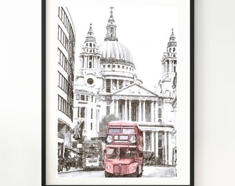 London Watercolor Art Print, London Wall Art, London Red Bus, Print Black White Red London, Printable Download 2x3, 5x7