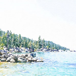 May include: A watercolor painting of a lake with a rocky shoreline and a forest of pine trees in the background. The water is a light blue color and the sky is a light blue color.