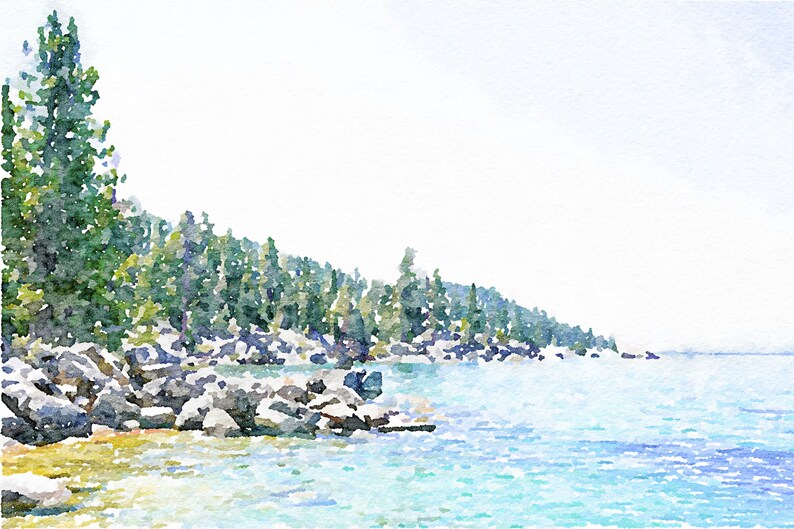 May include: A watercolor painting of a lake with a rocky shoreline and a forest of pine trees in the background. The water is a light blue color and the sky is a light blue color.
