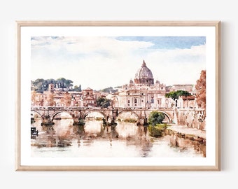 Vatican Sunset On River Tiber, Rome watercolor print, Italy travel poster, Wall Art Picture, Digital download 2x3, 5x7, 8x10, 11x14, 18x24
