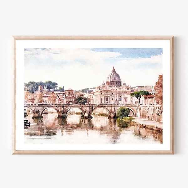 Vatican Sunset On River Tiber, Rome watercolor print, Italy travel poster, Wall Art Picture, Digital download 2x3, 5x7, 8x10, 11x14, 18x24