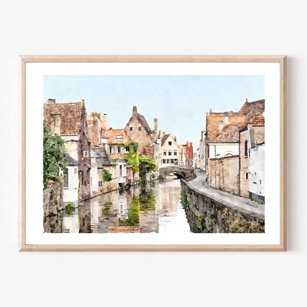 Belgium Bruges Canal watercolor print, Europe travel poster, Travel gift idea, Digital download 2x3, 5x7, 8x10, 11x14, 18x24