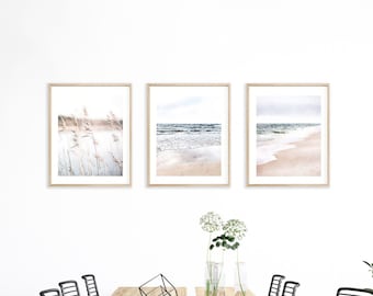 Neutral Beach Print Set of 3 Wall Art, Beach Watercolor Paintings, Ocean Poster Landscape, Digital Download 5x7, 8x10, 11x14