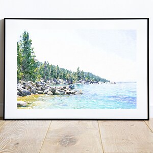 May include: Watercolor painting of a lake scene with a shoreline of trees and rocks. The water is a light blue color and the sky is a light blue color.