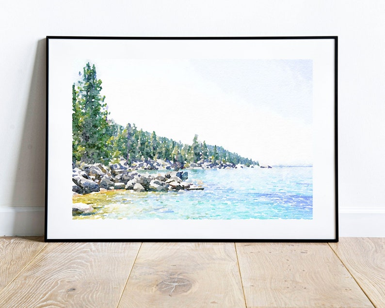 May include: Watercolor painting of a lake scene with a shoreline of trees and rocks. The water is a light blue color and the sky is a light blue color.
