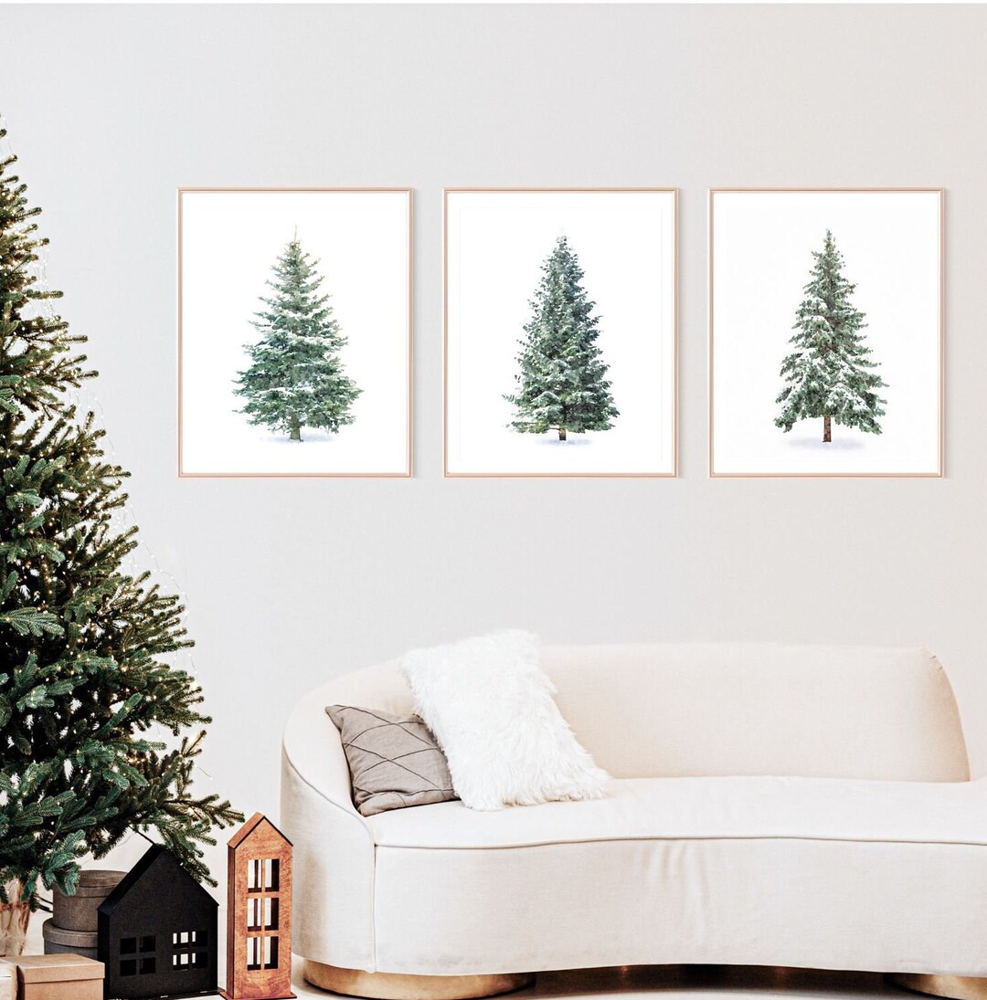 Christmas Tree Wall Art Set 3, Watercolor Christmas Trees, Snow Covered ...