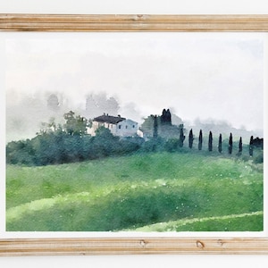 Herbst Aquarell Landschaft, Toskana Nebel, Poster, sofortiger Download
