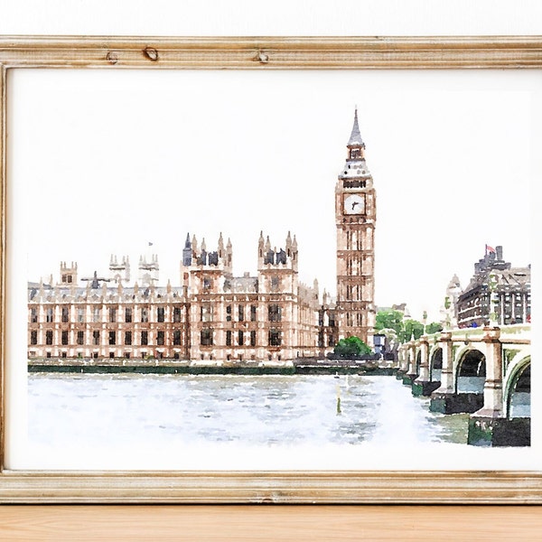 London watercolor print, Big Ben, Westminster Palace, Tower Bridge, Cityscape London, Digital download 2x3, 5x7, 8x10, 11x14, 18x24