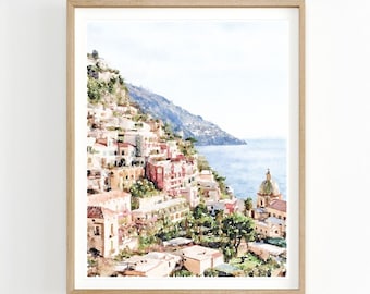 Amalfi Coast, Positano Italy Landscape Watercolor Painting, Coastal Wall Decor, Digital Printable 5x7 8x10, 11x14, 16x20, 18x24