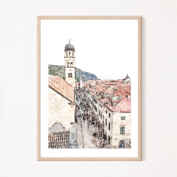 Dubrovnik Kroatië aquarel schilderij, Kroatië reisposter, kust, slaapkamer wand decor, digitale download 5x7, 8x10, 10x15, 11x14, 18x24