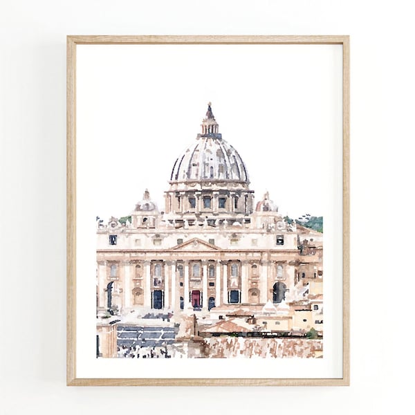 Aquarelle du Vatican, affiche de voyage Rome Italie, photographie de décoration murale neutre, téléchargement numérique 5 x 7, 8 x 10, 11 x 14, 16 x 20, 18 x 24