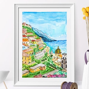 Amalfi Positano Watercolor painting, watercolor print Amalfi coast, Italy travel gifts, Instant download